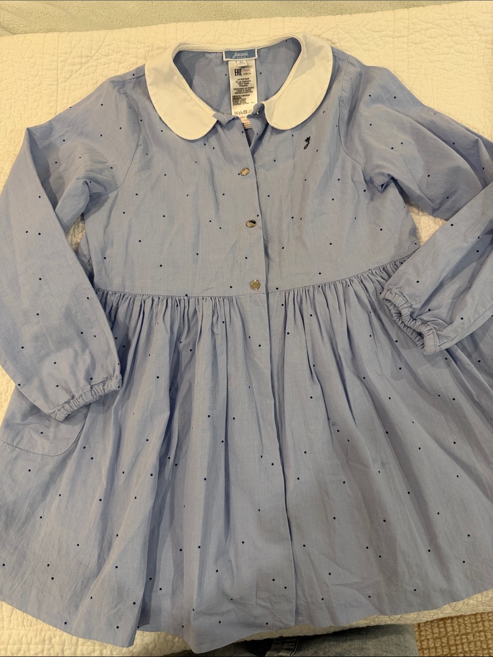 Jacadi Light Blue Dress with White Peter Pan Collar and Navy Dots